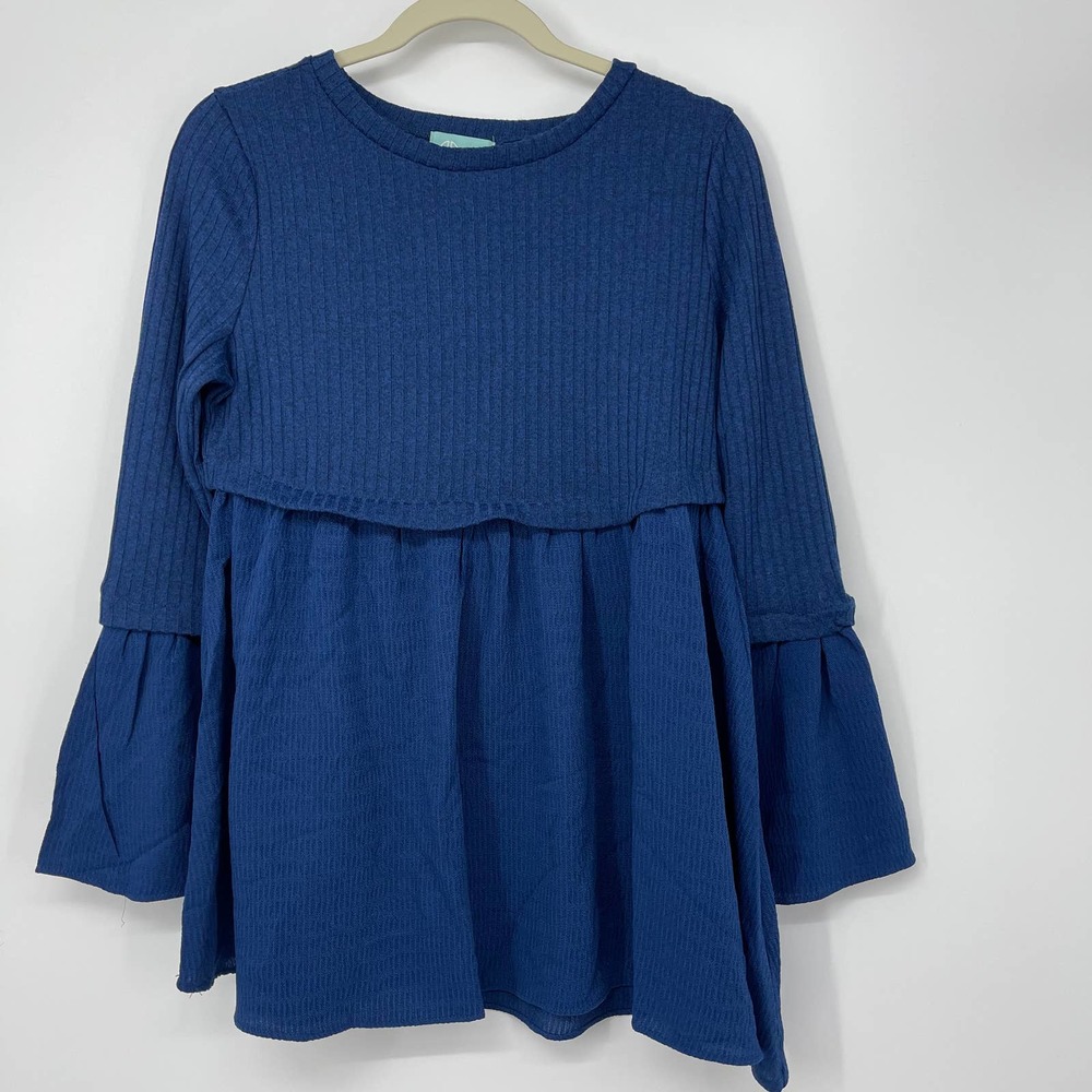 LIZ LANGE DARK BLUE 3/4 BELL SLEEVE LAYERED LOOK FLATTERING MATERNITY TOP MEDIUM